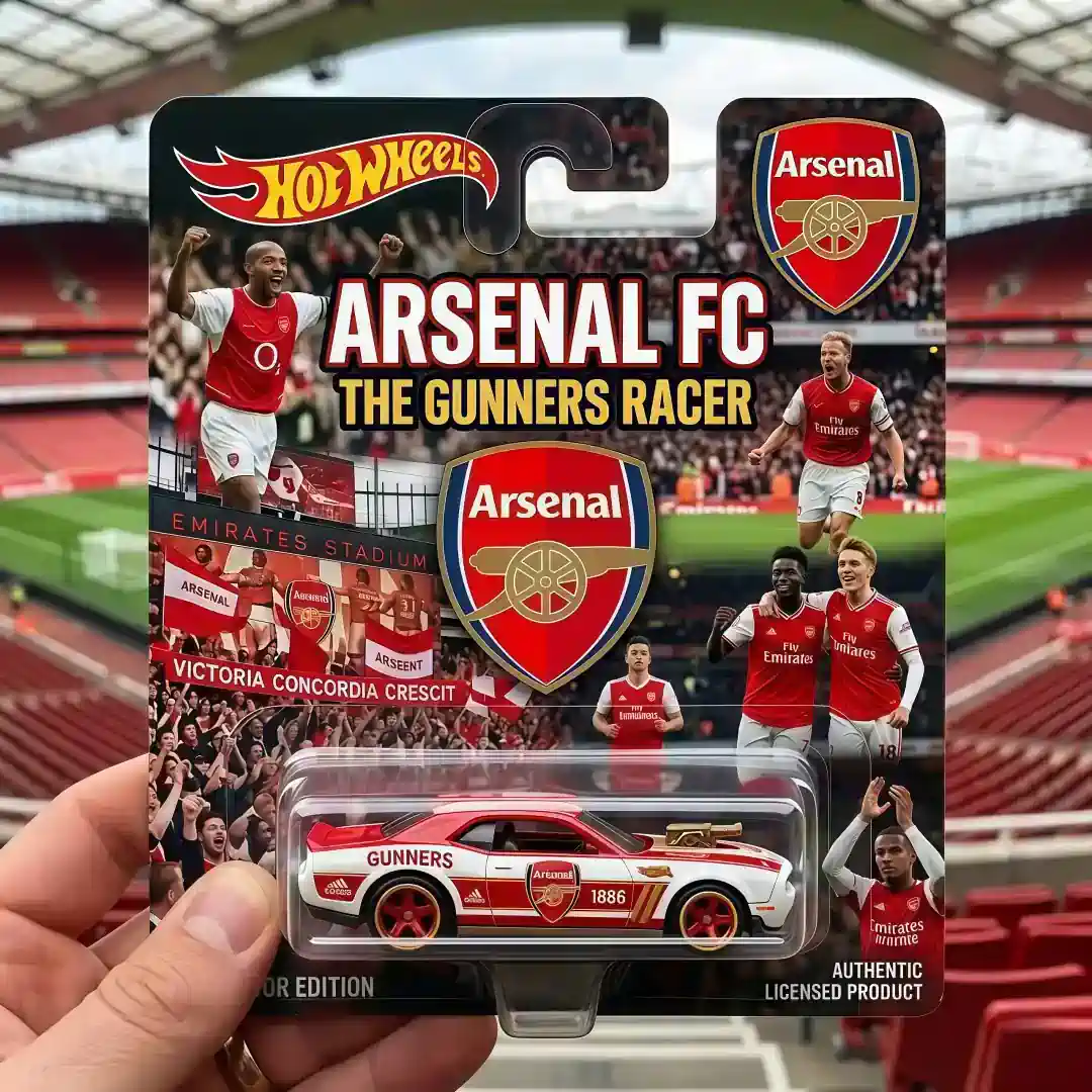Arsenal FC Hot Wheels Gunners Racer Collector Edition 3 Hand holding Arsenal FC Hot Wheels Gunners Racer collector edition inside Emirates Stadium from Shicloth!