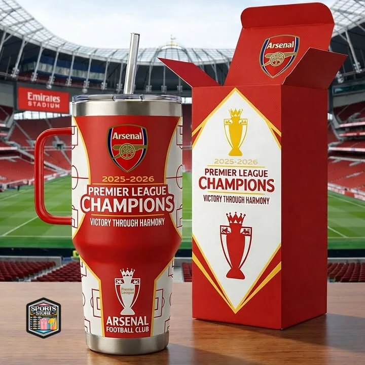 Arsenal FC 2025-2026 Premier League Champions commemorative tumbler and packaging.