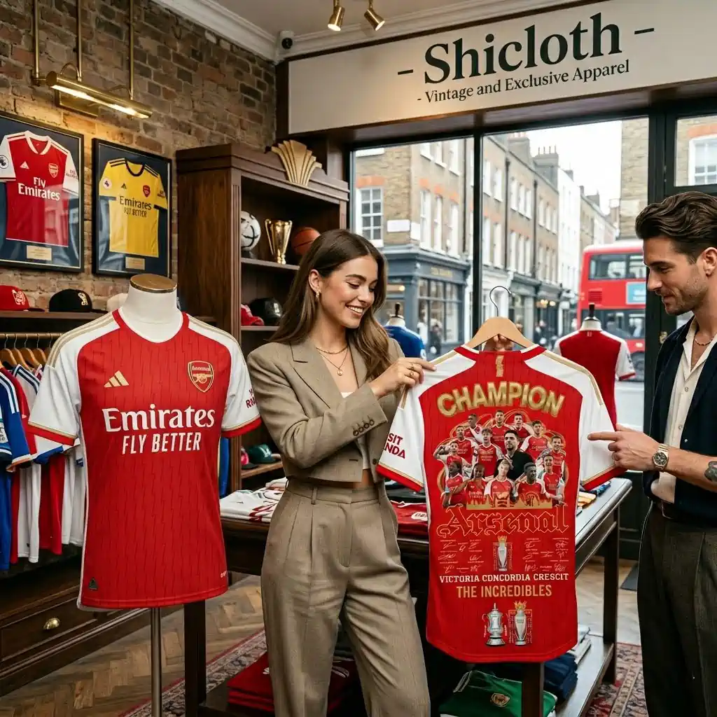 A woman and a man in a vintage apparel shop looking at a commemorative Arsenal soccer jersey.