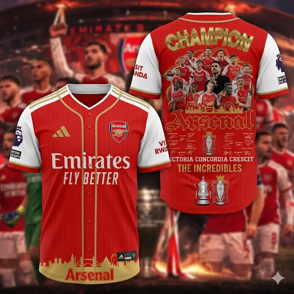 Front and back views of an Arsenal FC themed baseball-style jersey