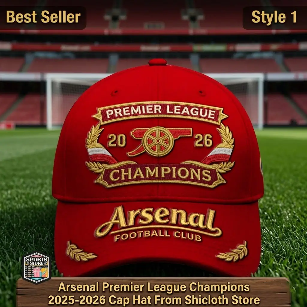 Arsenal FC 2025-2026 Premier League Champions red cap with embroidered gold logo
