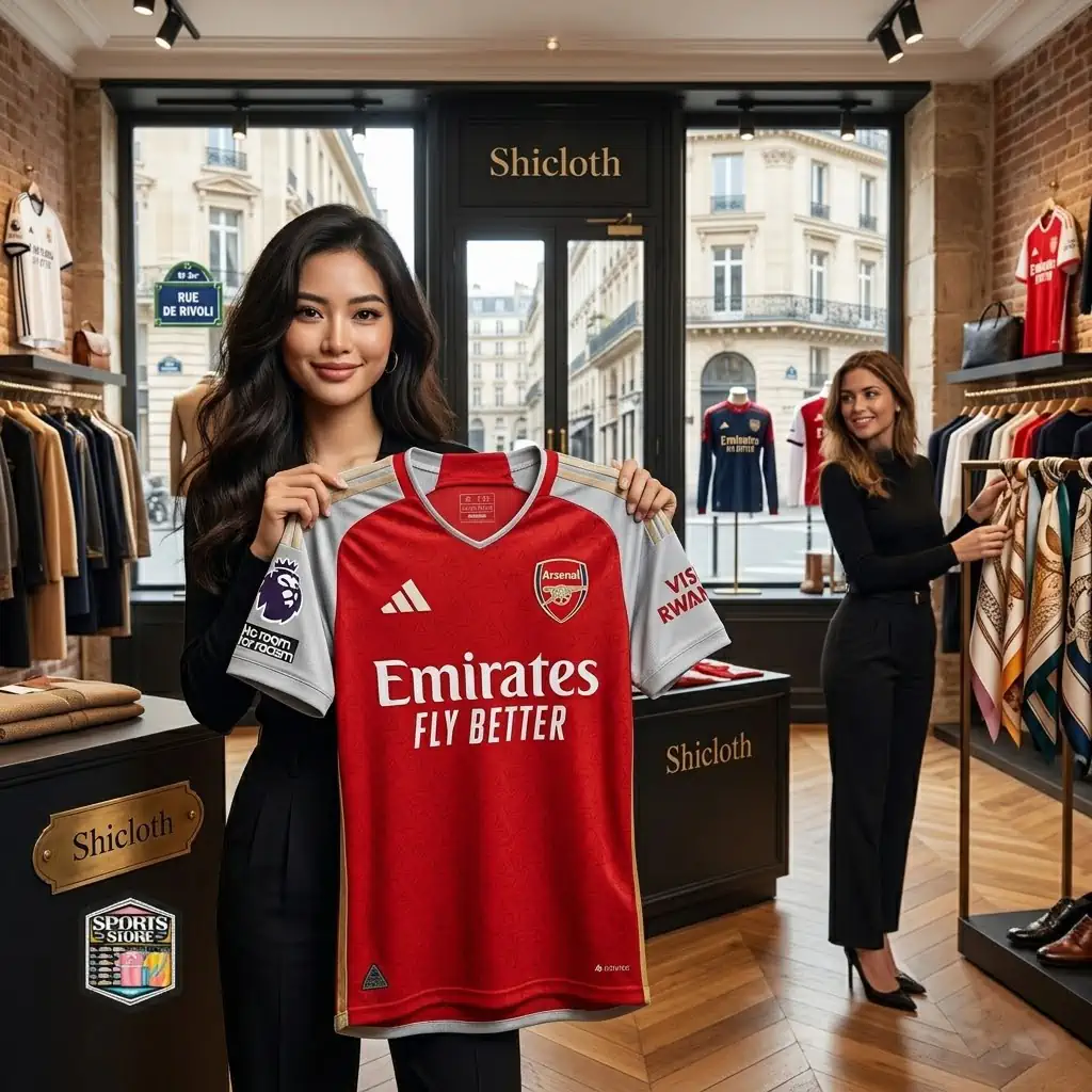 Woman holding an official Arsenal football jersey in a clothing store.