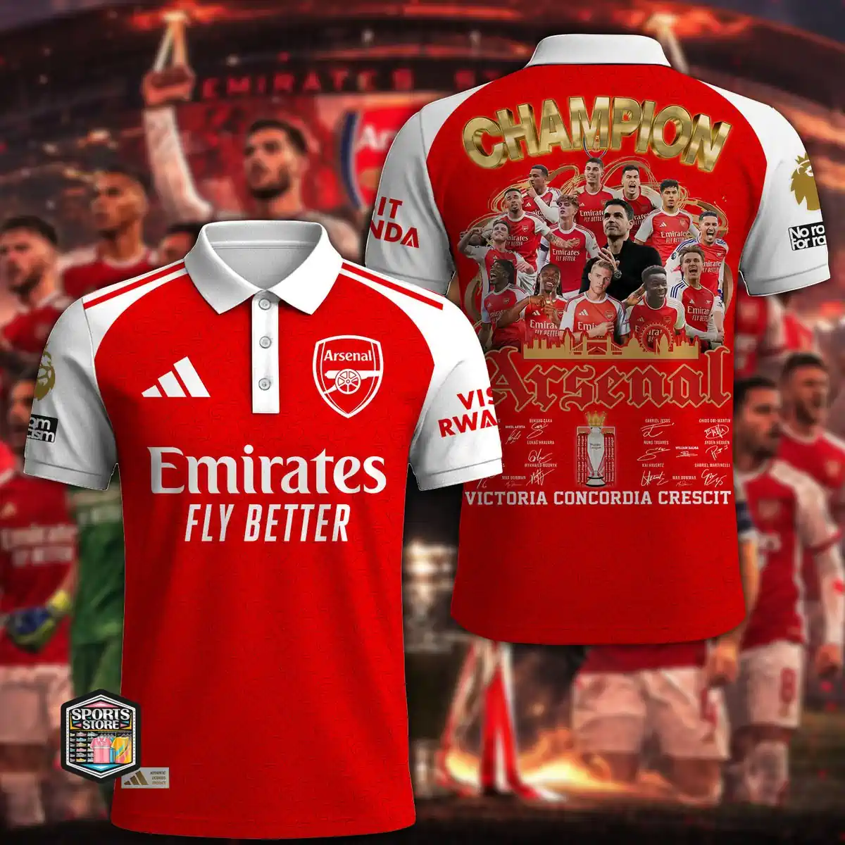 Arsenal Victoria Concordia Crescit Champions Epl 2025-2026 Apparel Collection 3 Arsenal FC commemorative champion polo shirt front and back view