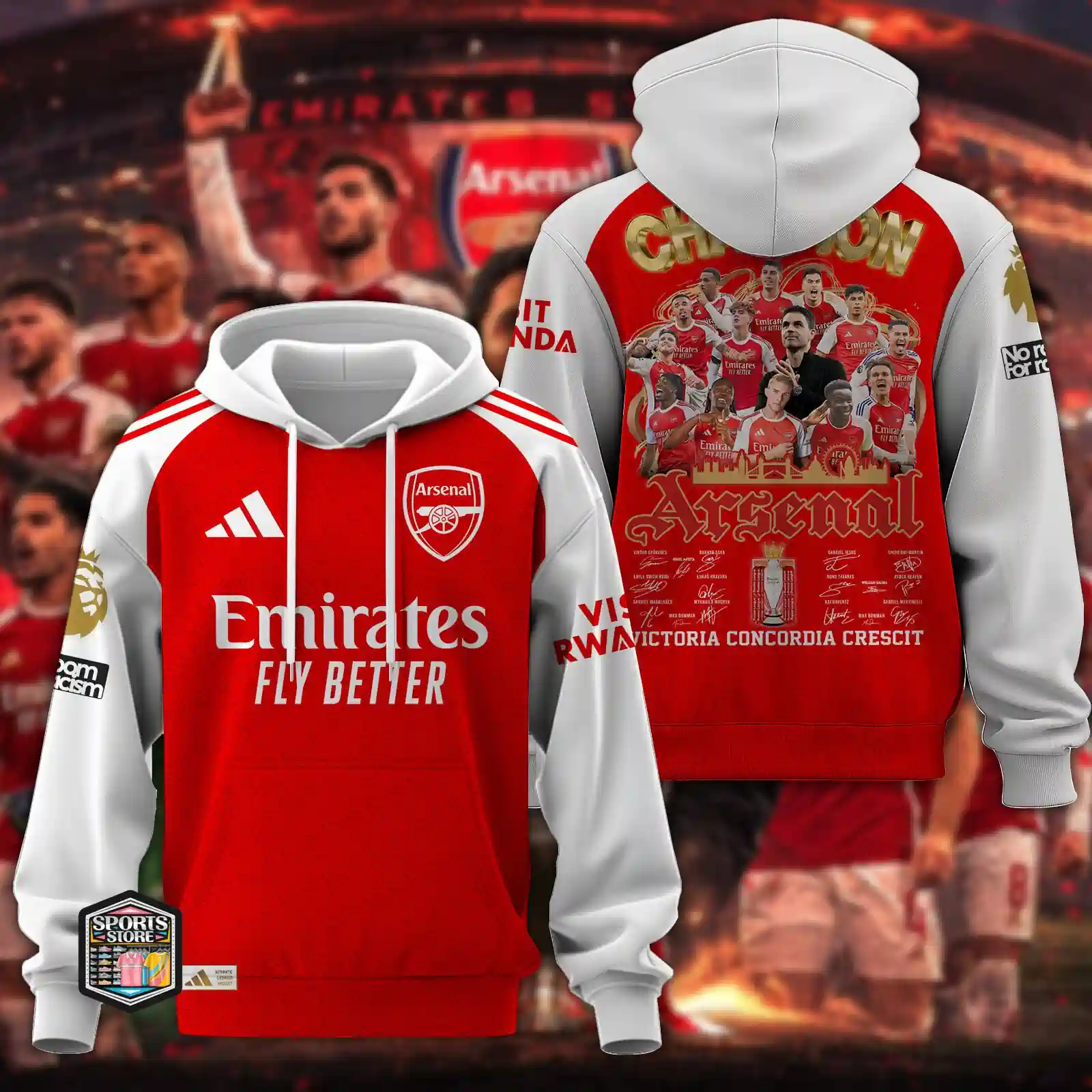 Arsenal Victoria Concordia Crescit Champions Epl 2025-2026 Apparel Collection 4 Front and back view of Arsenal Football Club themed hoodie featuring team graphics