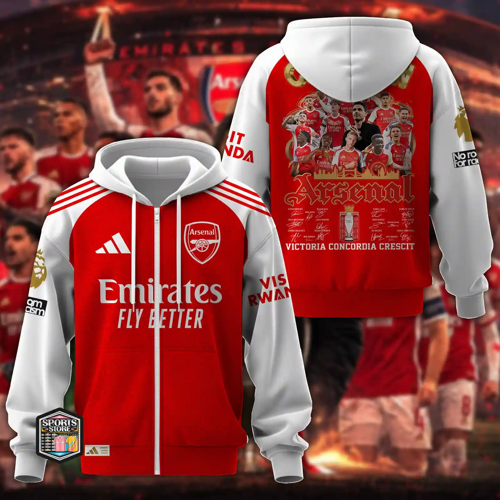 Arsenal Victoria Concordia Crescit Champions Epl 2025-2026 Apparel Collection 5 Arsenal FC red and white zip-up hoodie featuring player graphics and signatures