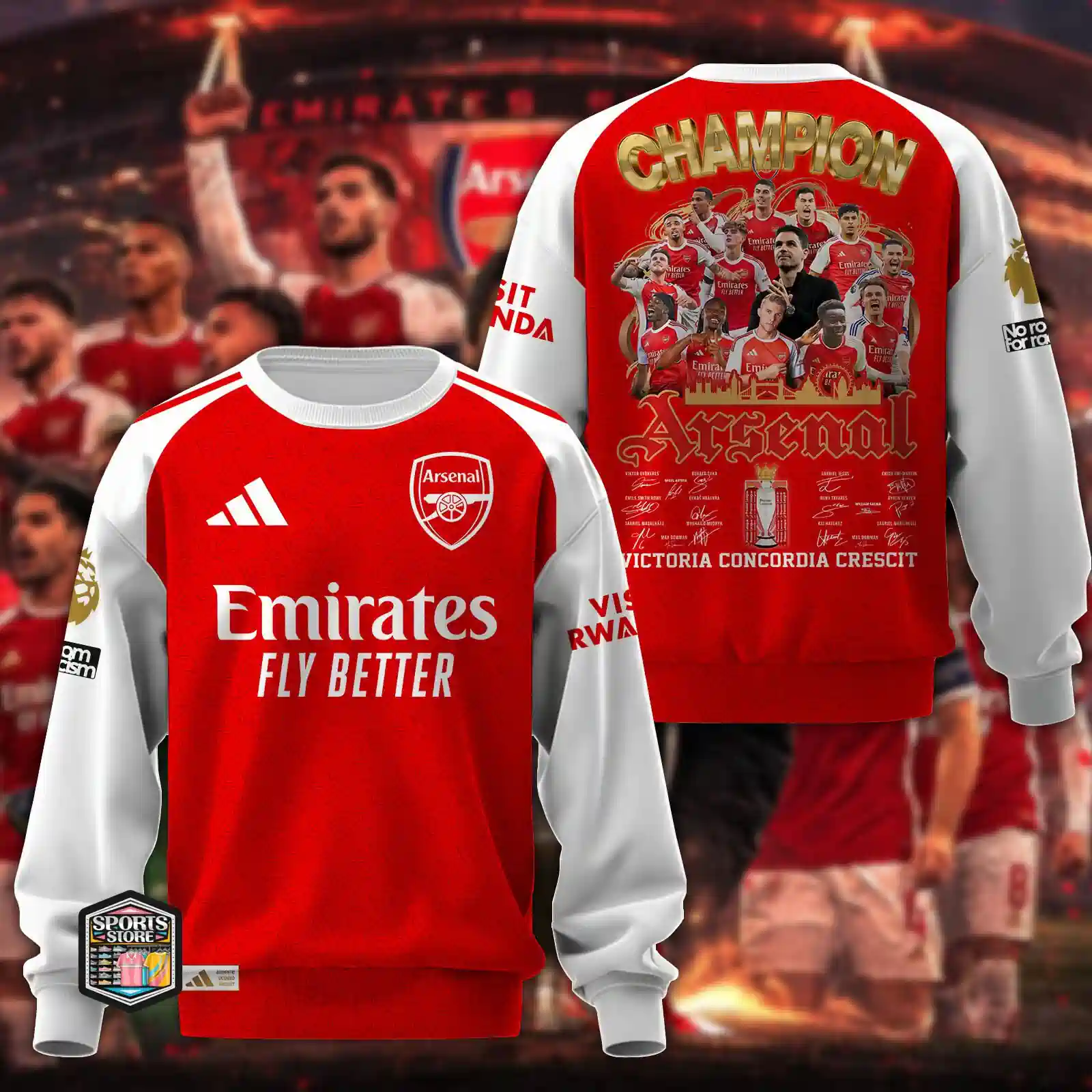 Arsenal Victoria Concordia Crescit Champions Epl 2025-2026 Apparel Collection 6 Arsenal FC commemorative team sweatshirt featuring player roster and signature collage.