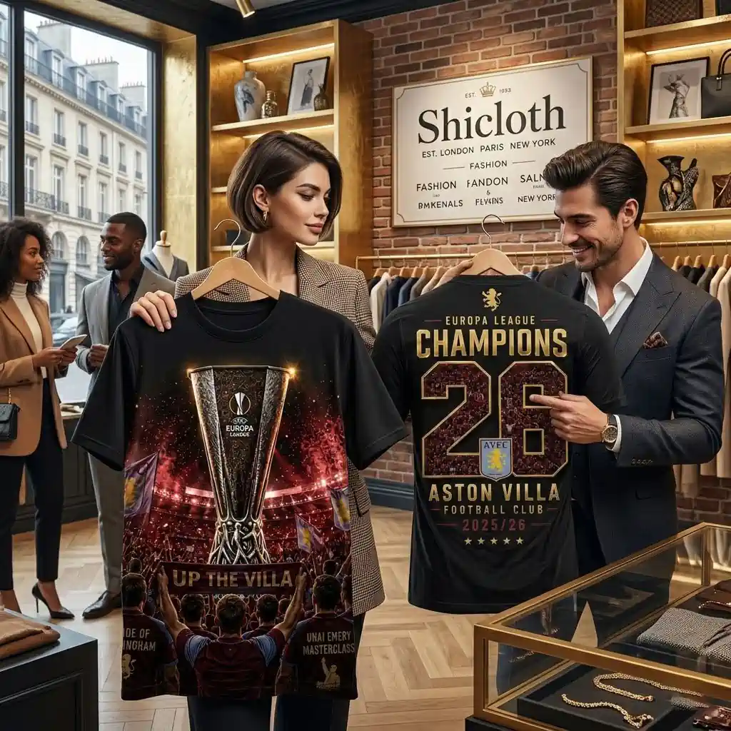 Man and woman holding custom Aston Villa 2025/26 Europa League Champions apparel in a clothing store.