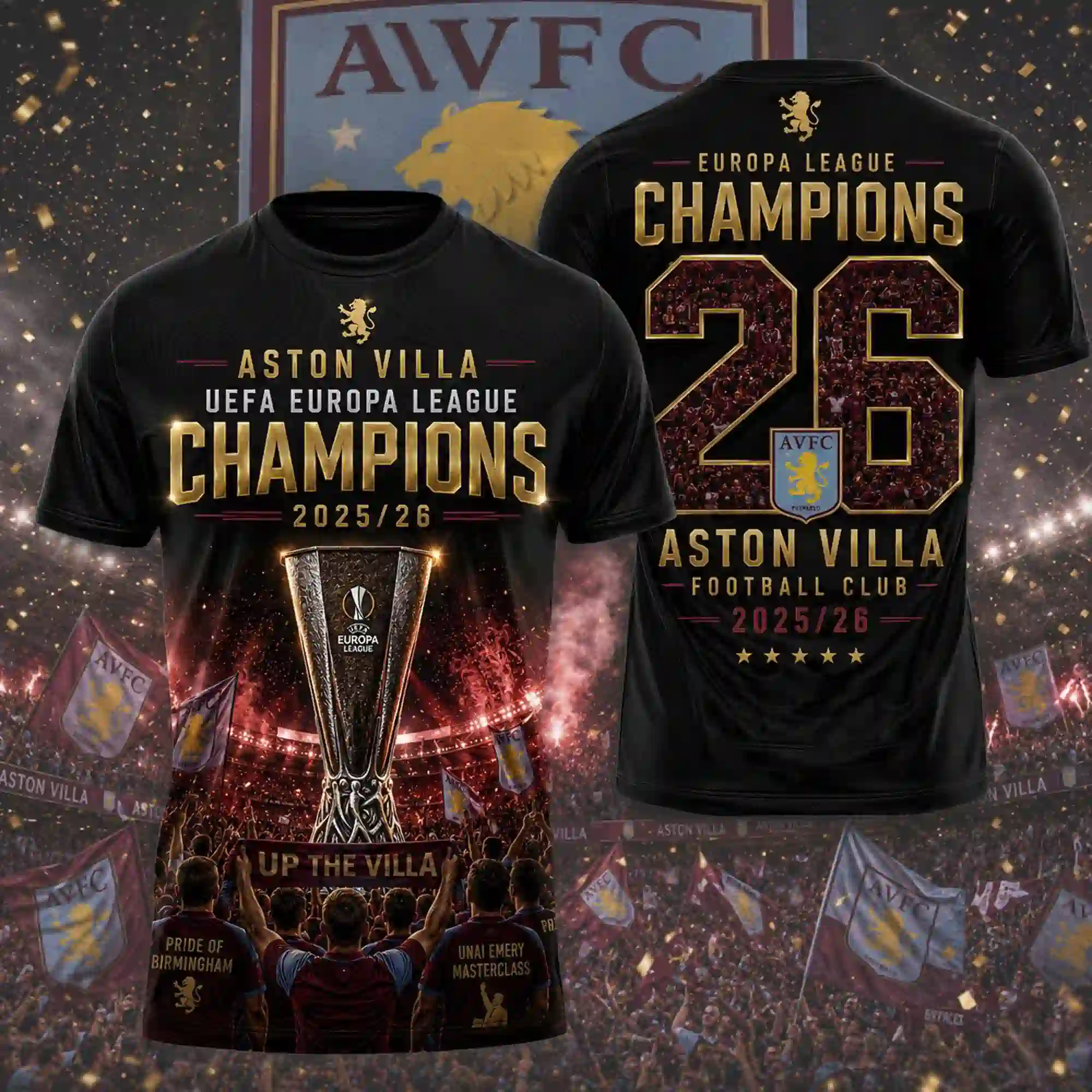 Aston Villa UEFA Europa League 2025-26 Champions t-shirt design
