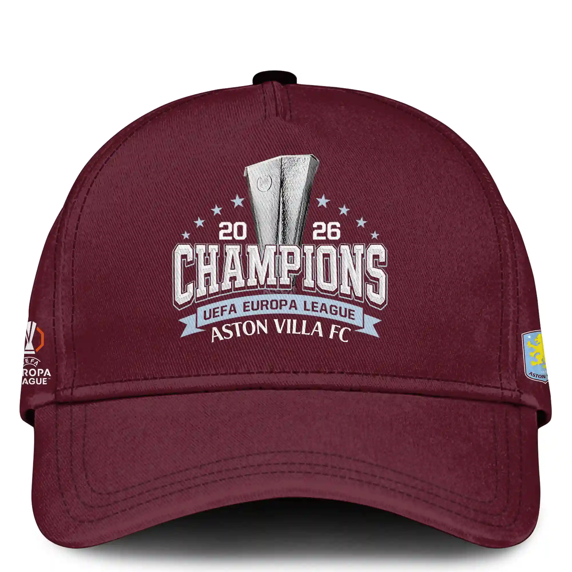 Maroon Aston Villa FC 2026 UEFA Europa League Champions commemorative baseball cap.