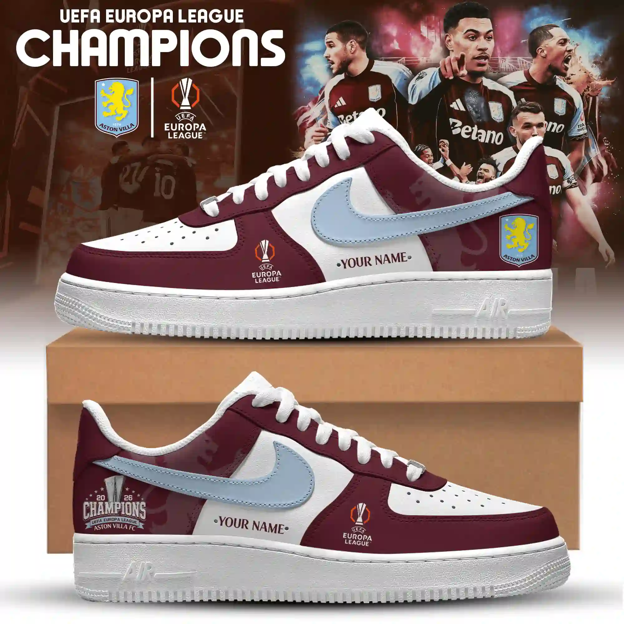 Custom Aston Villa FC UEFA Europa League champion sneakers