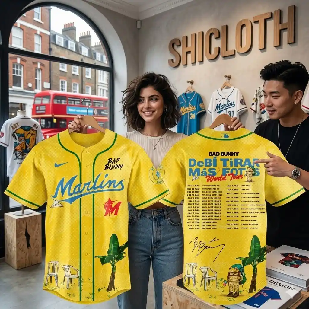 People holding yellow Bad Bunny Marlins baseball jersey inside Shicloth store!