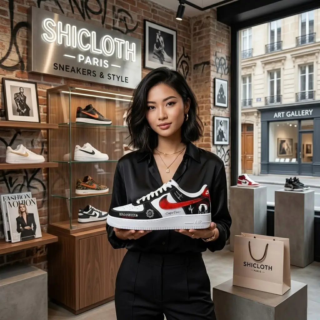 A woman in a black shirt holding a custom Bad Omens sneaker inside a Shicloth Paris store with shoes displayed on shelves!