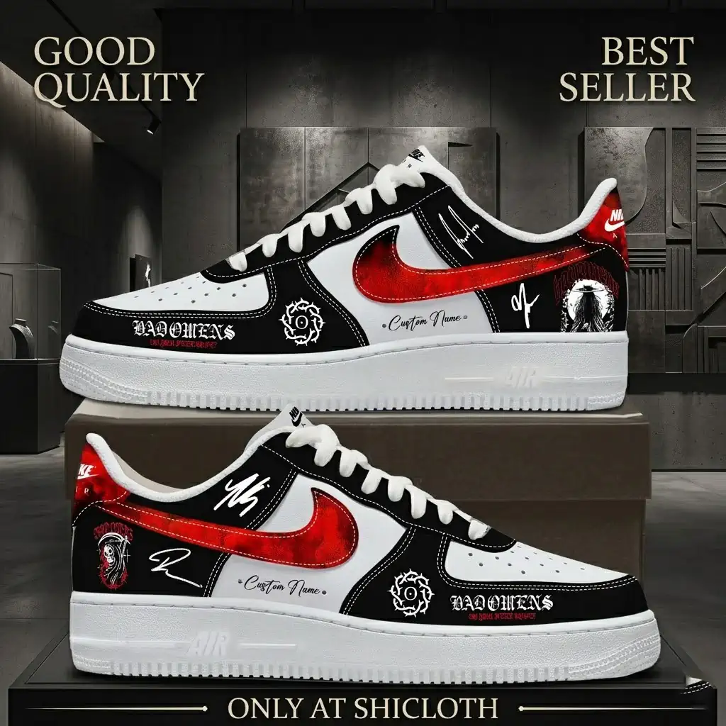 Two custom Bad Omens sneakers shown from both sides featuring red swooshes and band logos on a dark background!