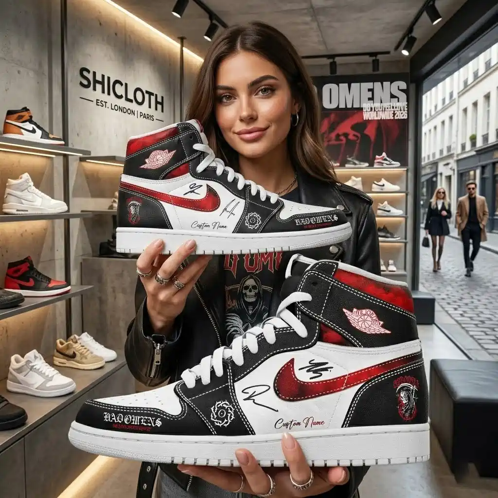 Woman holding custom Bad Omens worldwide tour sneakers in a Shicloth fashion store.