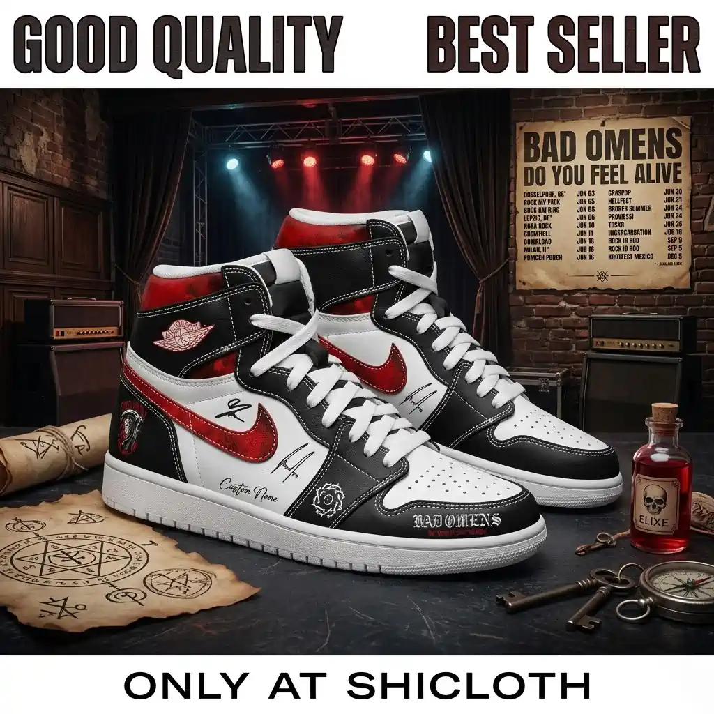 Bad Omens custom sneakers on a table with concert stage background and tour dates.