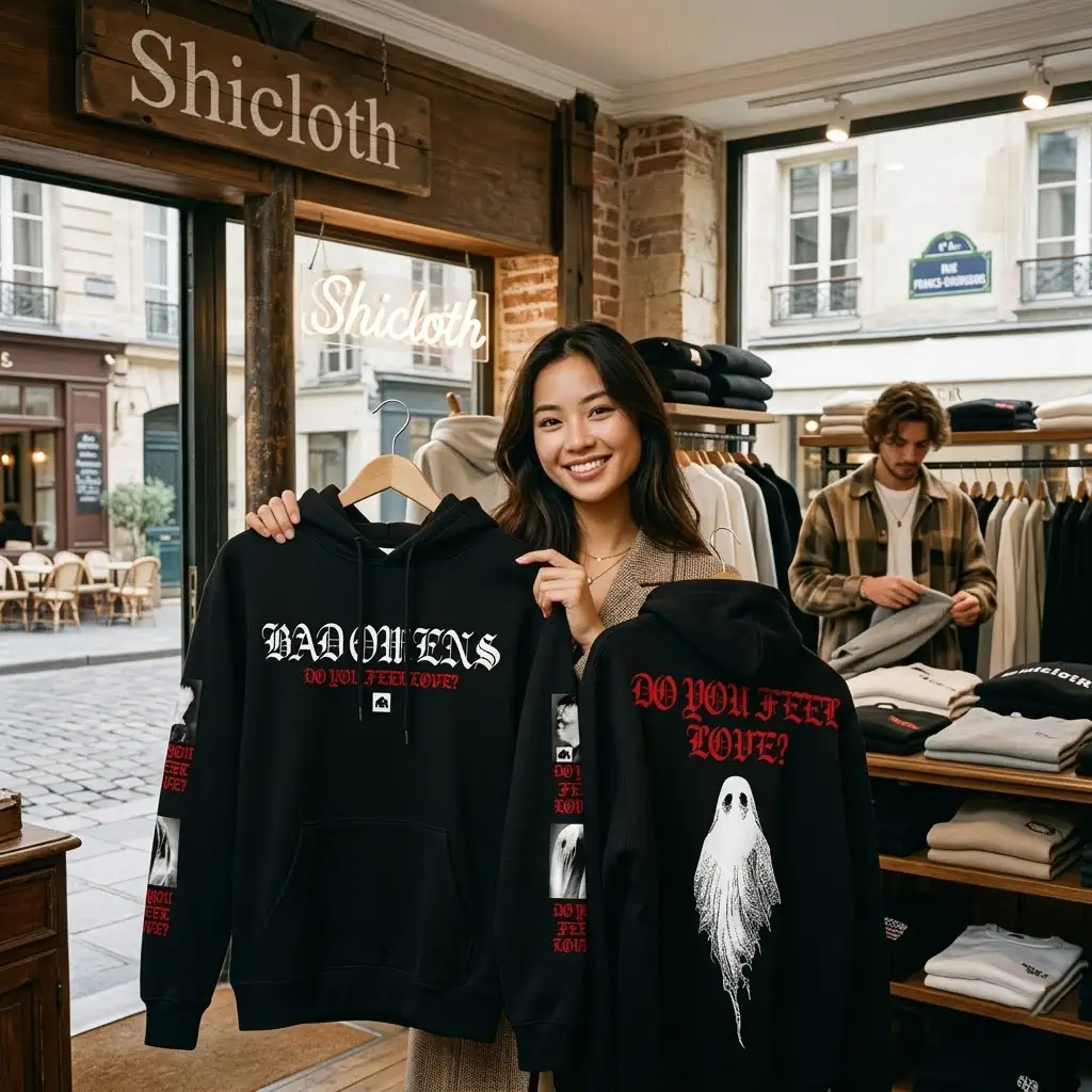 Person holds up black Bad Omens hoodie with ghost graphic!