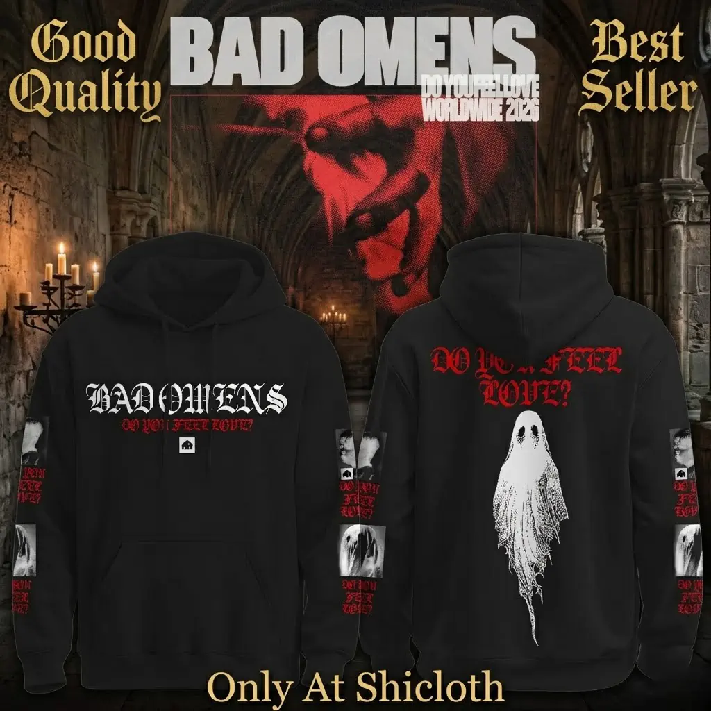 Mockup of black Bad Omens hoodie featuring ghost design with advertising text!