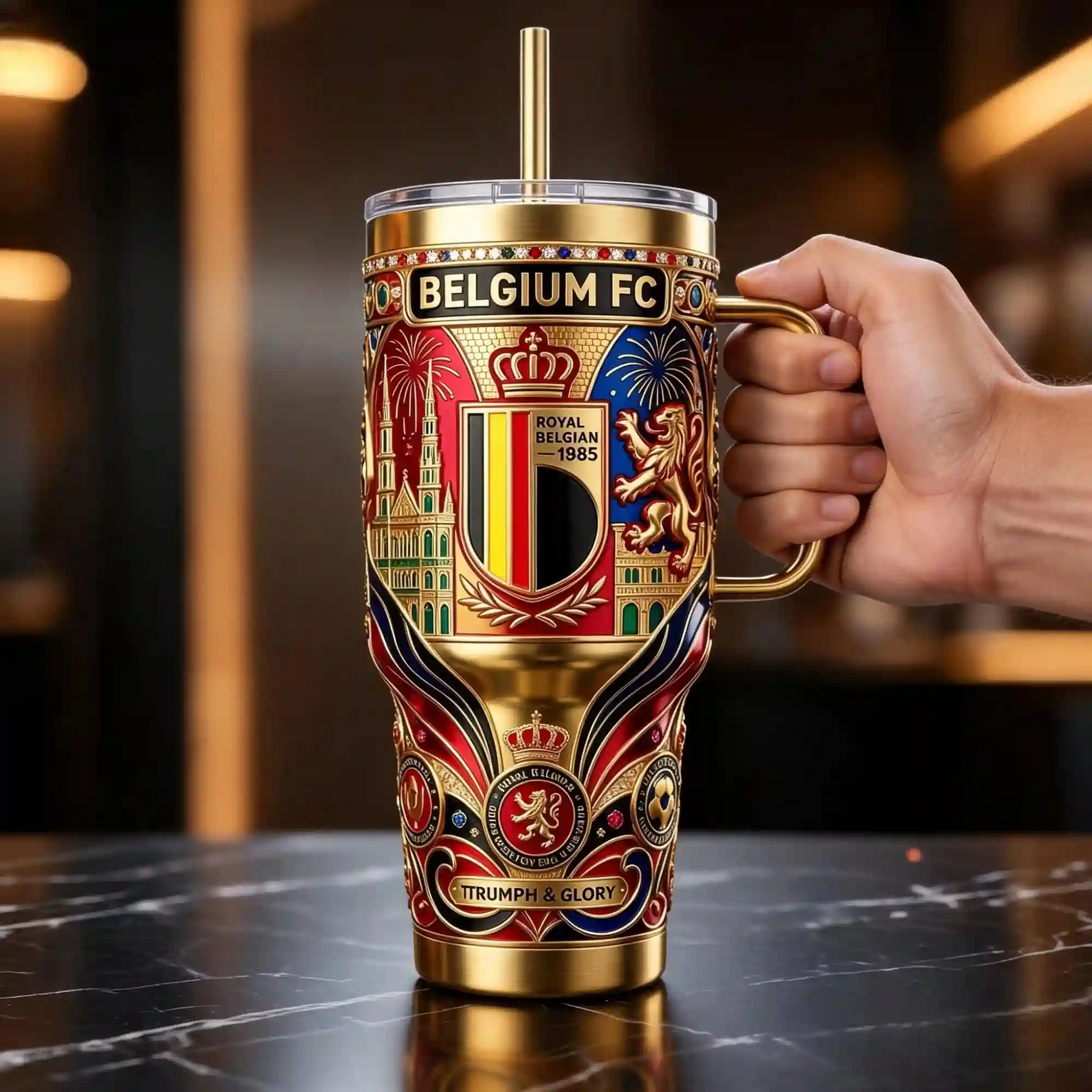 Belgium Football The Golden Generation Premium 40Oz Tumbler 3 An ornate gold Belgium FC tumbler cup held by a hand