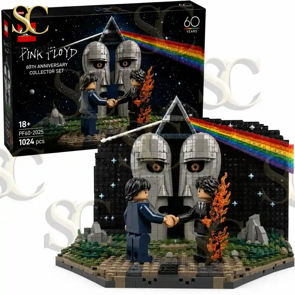 Pink Floyd anniversary brick set with rainbow prism design and two figures shaking hands!