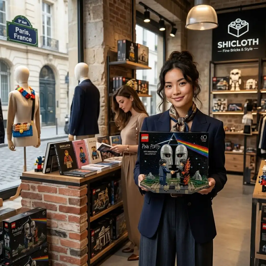 Customer holding Pink Floyd brick collector set inside Shicloth store in Paris!