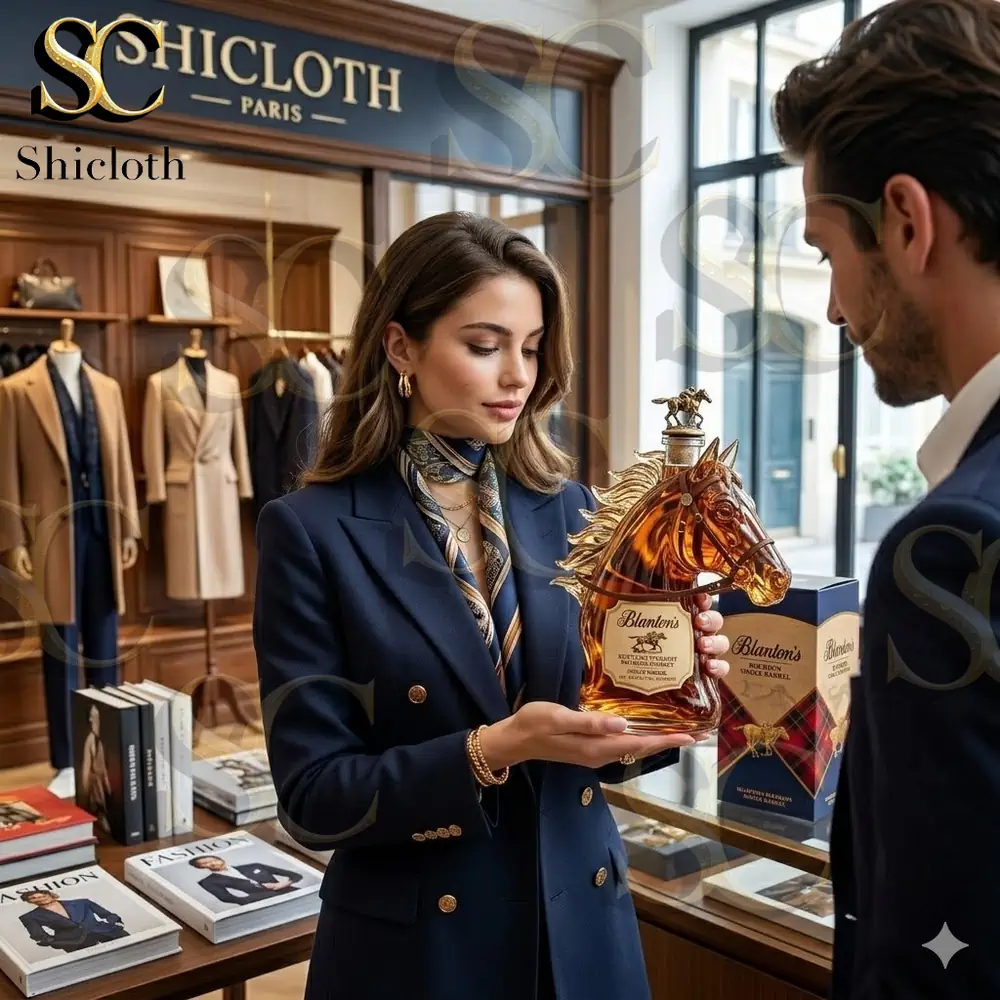 Woman presenting horse shaped whiskey bottle in luxury clothing store!