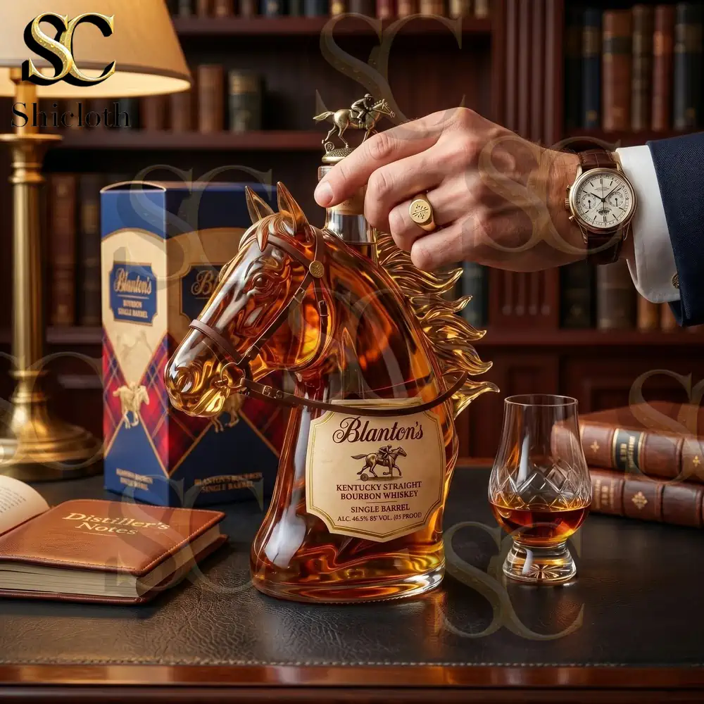 Close view of horse whiskey bottle with glass and books on table!