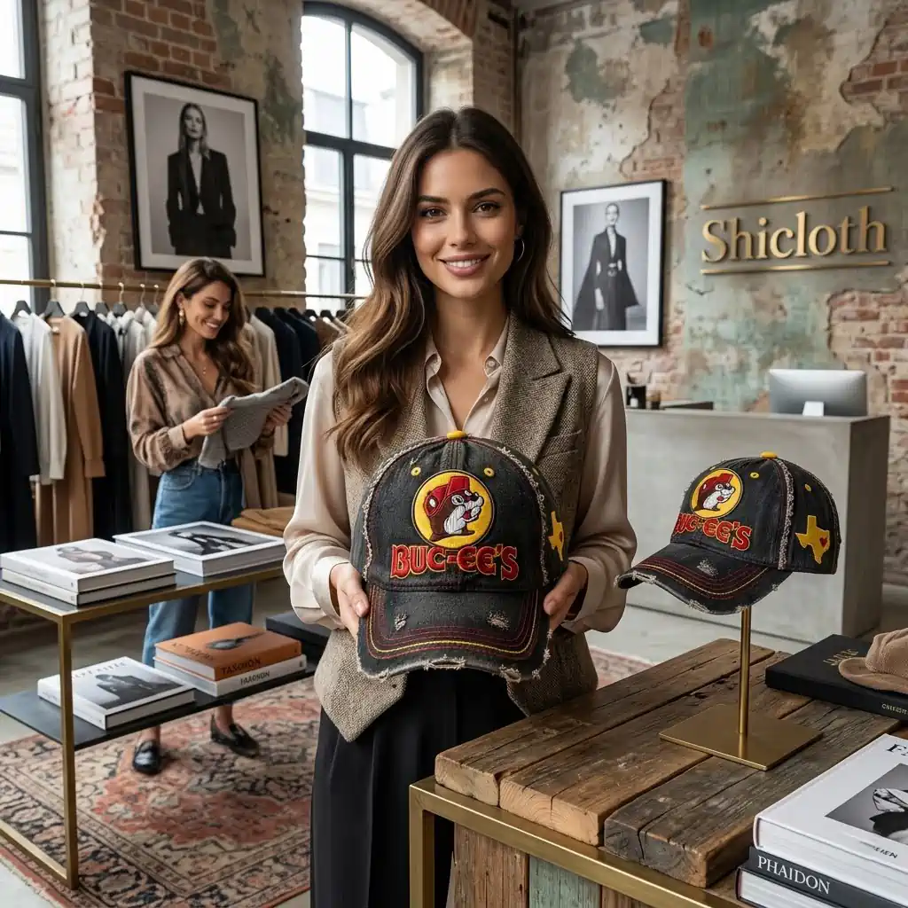 Woman in clothing store holding a distressed Buc-ee's baseball cap.