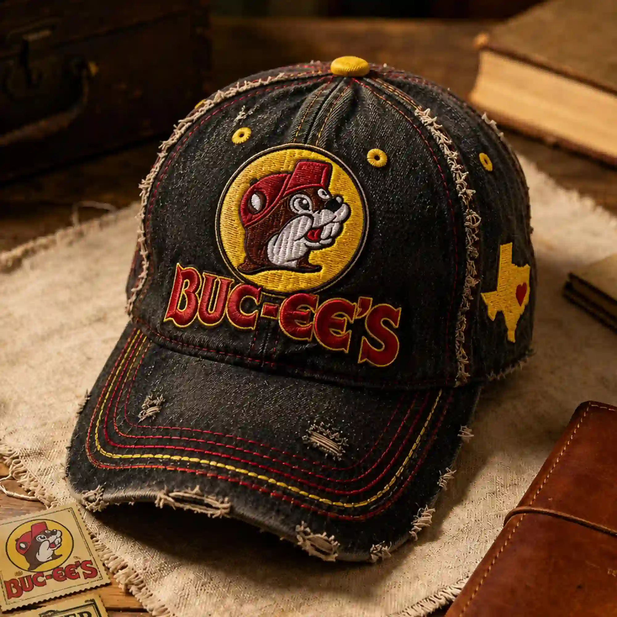 Distressed black denim baseball cap with Buc-ee's logo and Texas embroidery