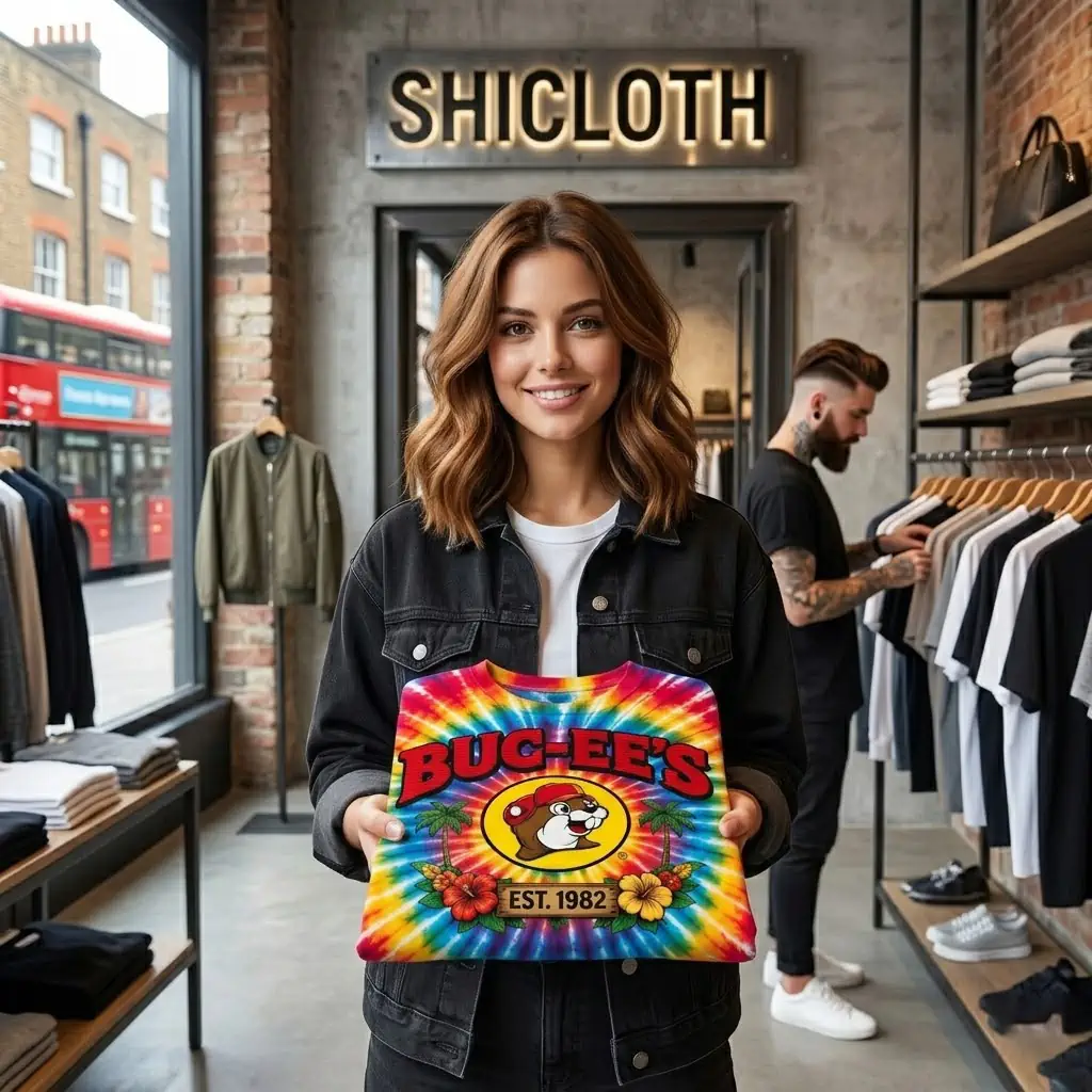 Woman holding a tie-dye Buc-ee's shirt in a clothing store