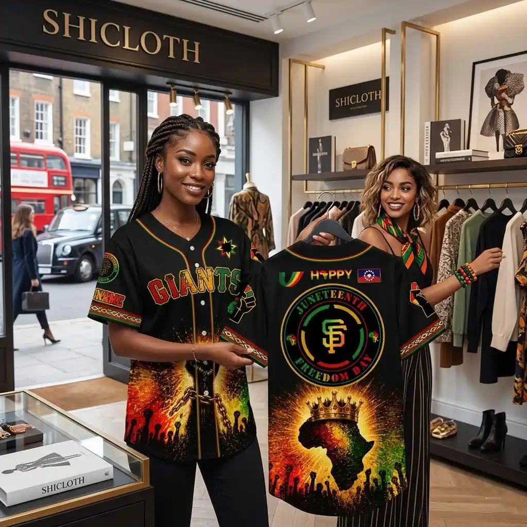 Two women holding a San Francisco Giants Juneteenth Freedom Day jersey inside Shicloth store