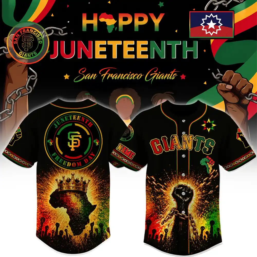 Chicago Cubs x Juneteenth Day Limited Edition 2026 Jersey 3 Promotional display of front and back San Francisco Giants Juneteenth Freedom Day jersey