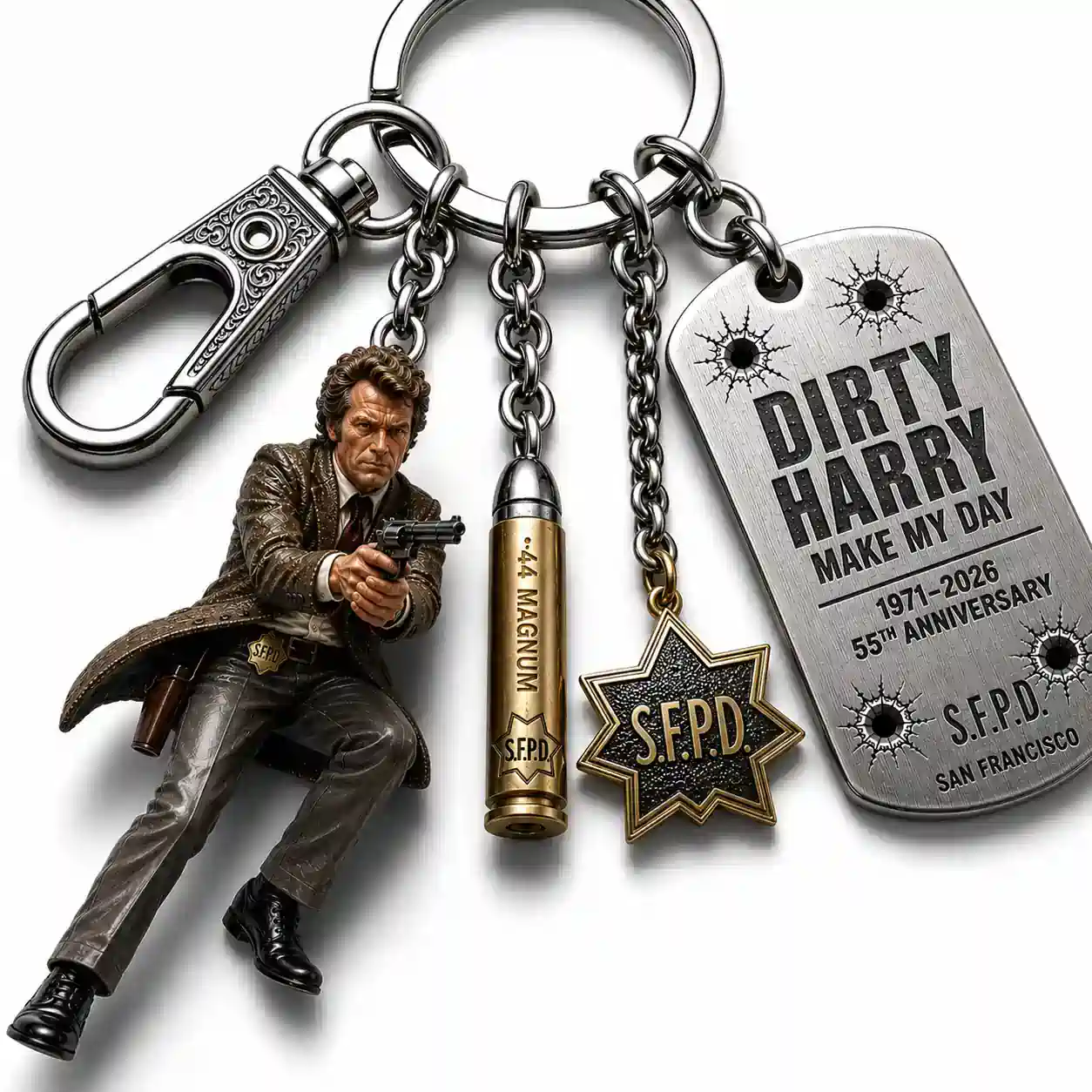 Clint Eastwood Dirty Harry Make My Day Keychain 3 Dirty Harry metal keychain with Magnum bullet charm and SFPD badge!