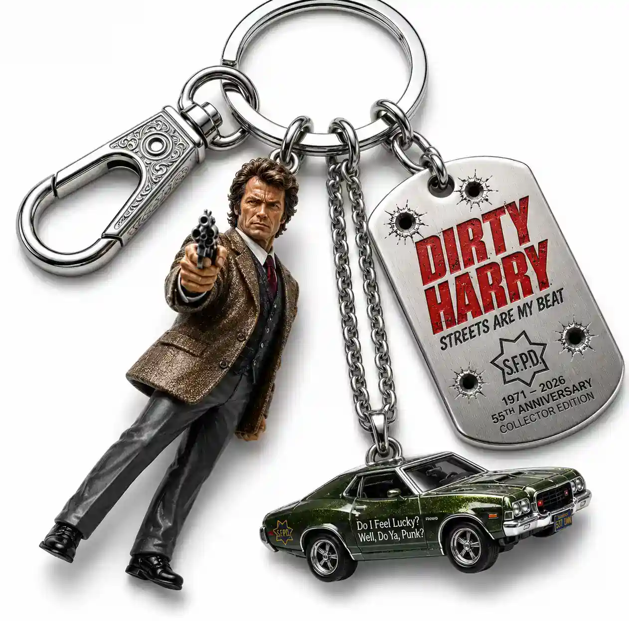 Clint Eastwood Dirty Harry Make My Day Keychain 4 Dirty Harry keychain with vintage muscle car charm and red metal tag!