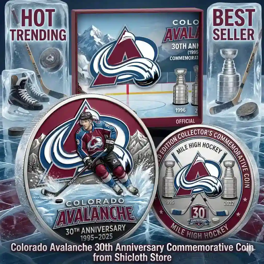 An advertising image featuring two silver commemorative coins for the Colorado Avalanche thirtieth anniversary! The coins are displayed with ice sculptures of hockey gear and promotional text!
