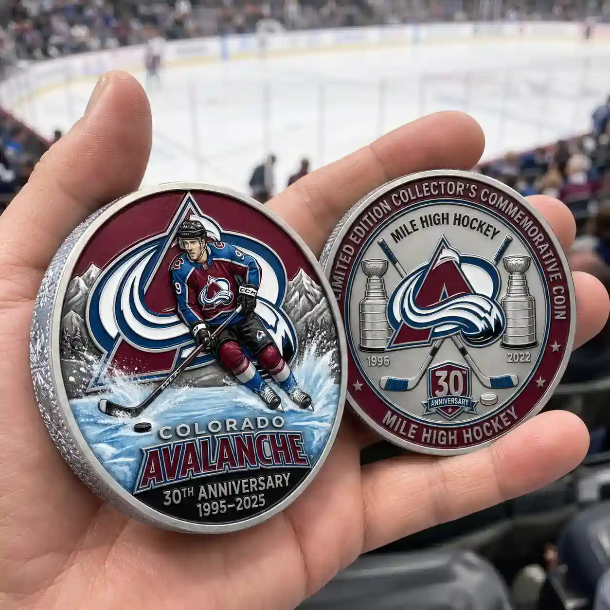 A person's hand holds two large silver commemorative coins in a stadium! The background shows a hockey rink during a game and many fans in the stands!