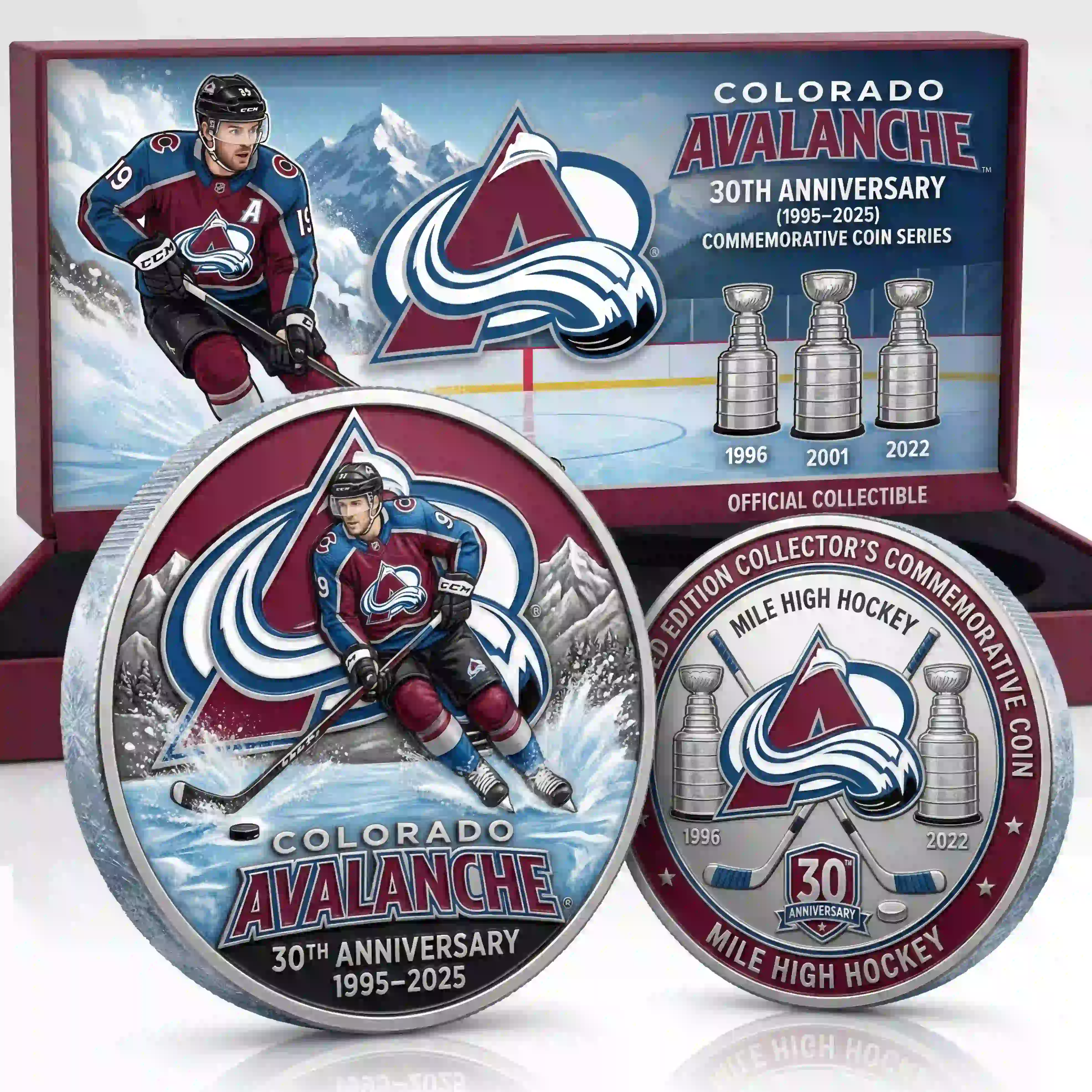 Colorado Avalanche 30th Anniversary Commemorative Coin 3 A product display of two silver commemorative coins standing in front of an open burgundy collector box! A reflection is visible below the items!