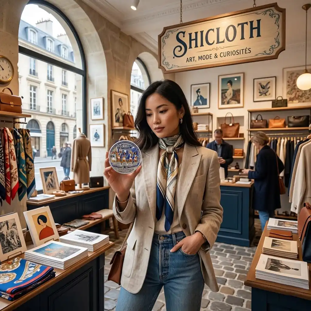 A woman shopping in a boutique store holding a decorative plate.