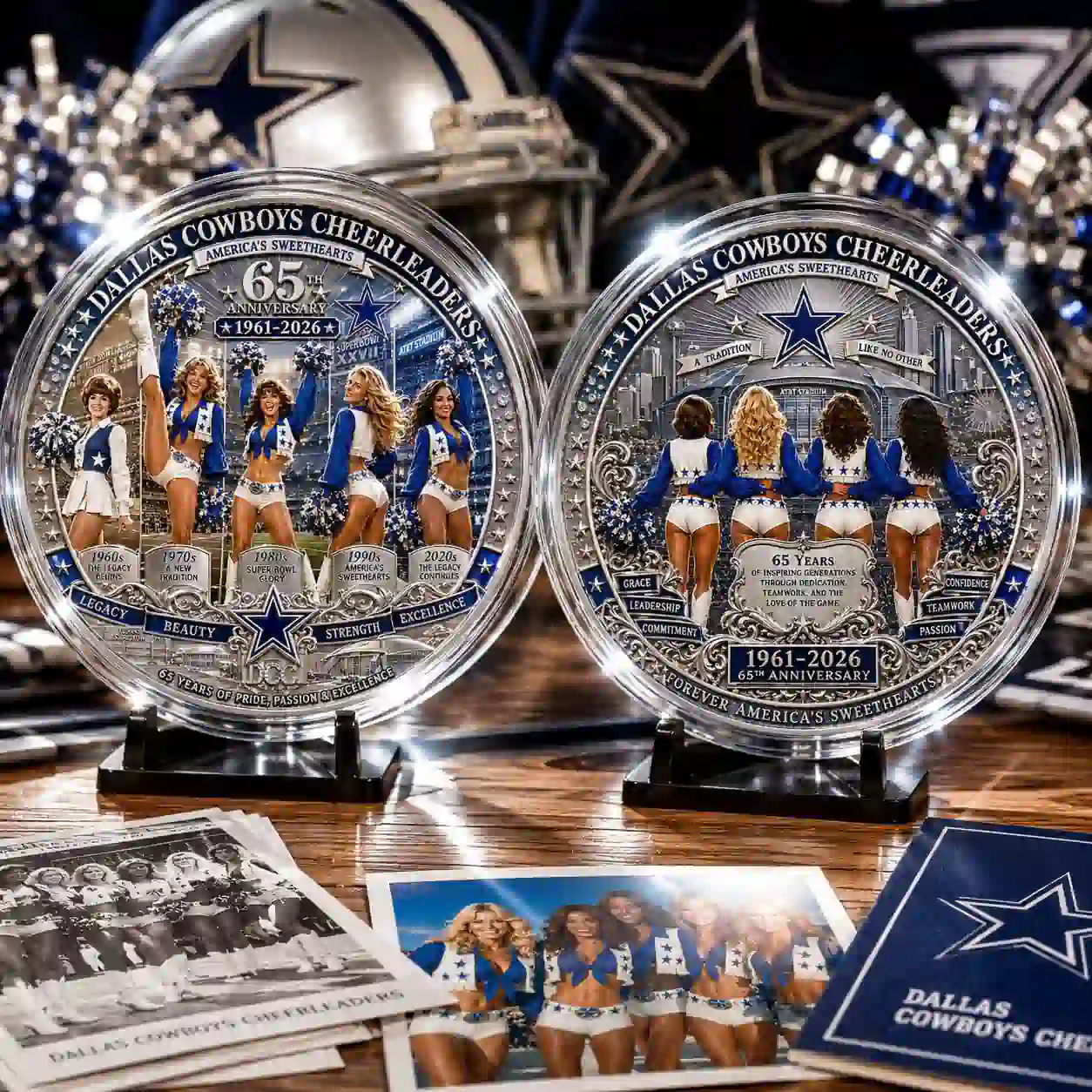 Two commemorative glass plates celebrating the Dallas Cowboys Cheerleaders 65th anniversary.