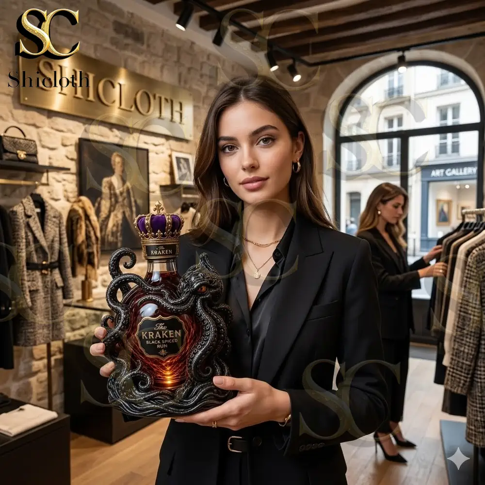 Woman holding Kraken rum bottle in Shicloth store!