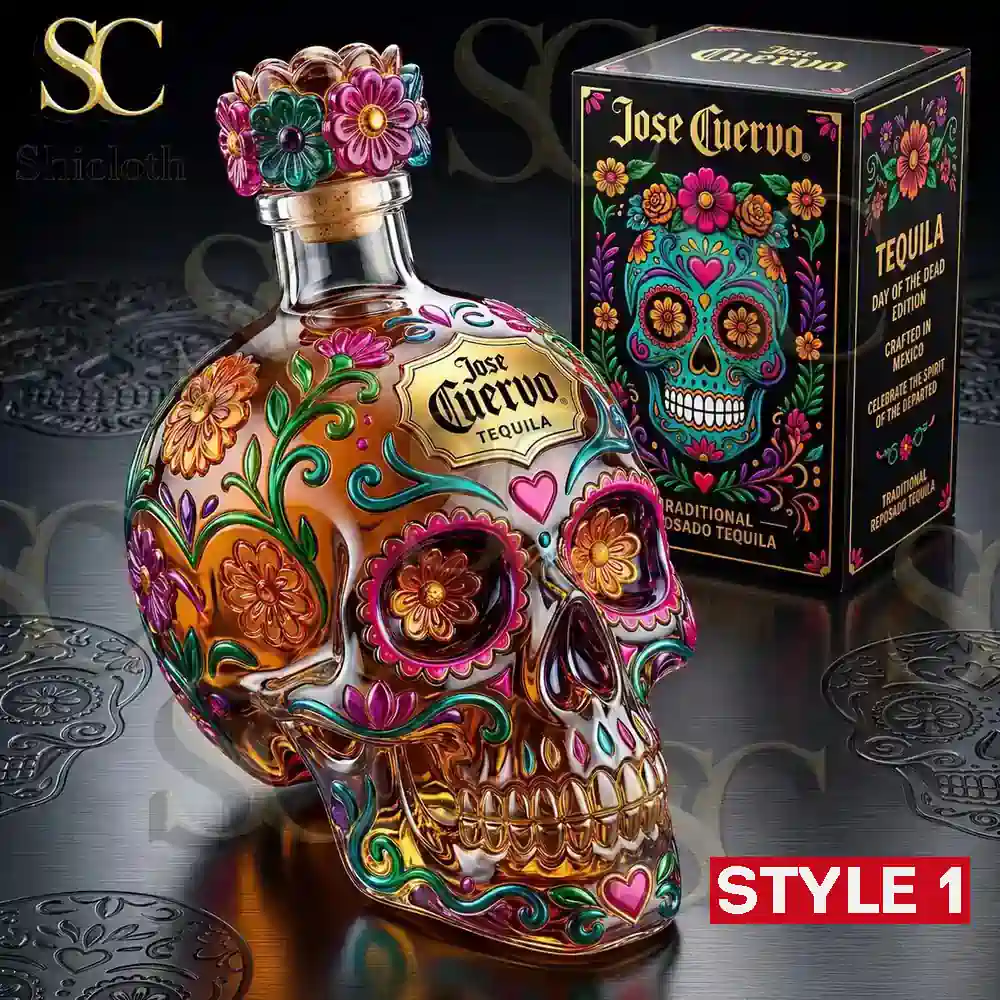 Bright floral skull shaped tequila bottle with decorative collector packaging!