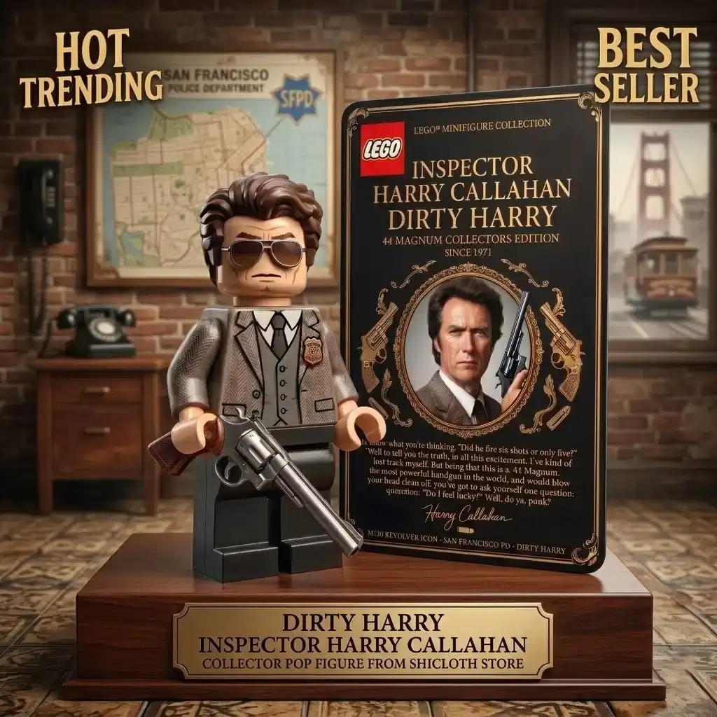 Lego styled mini figure of Inspector Harry Callahan holding a revolver weapon next to a collector display card on a wooden base stand!