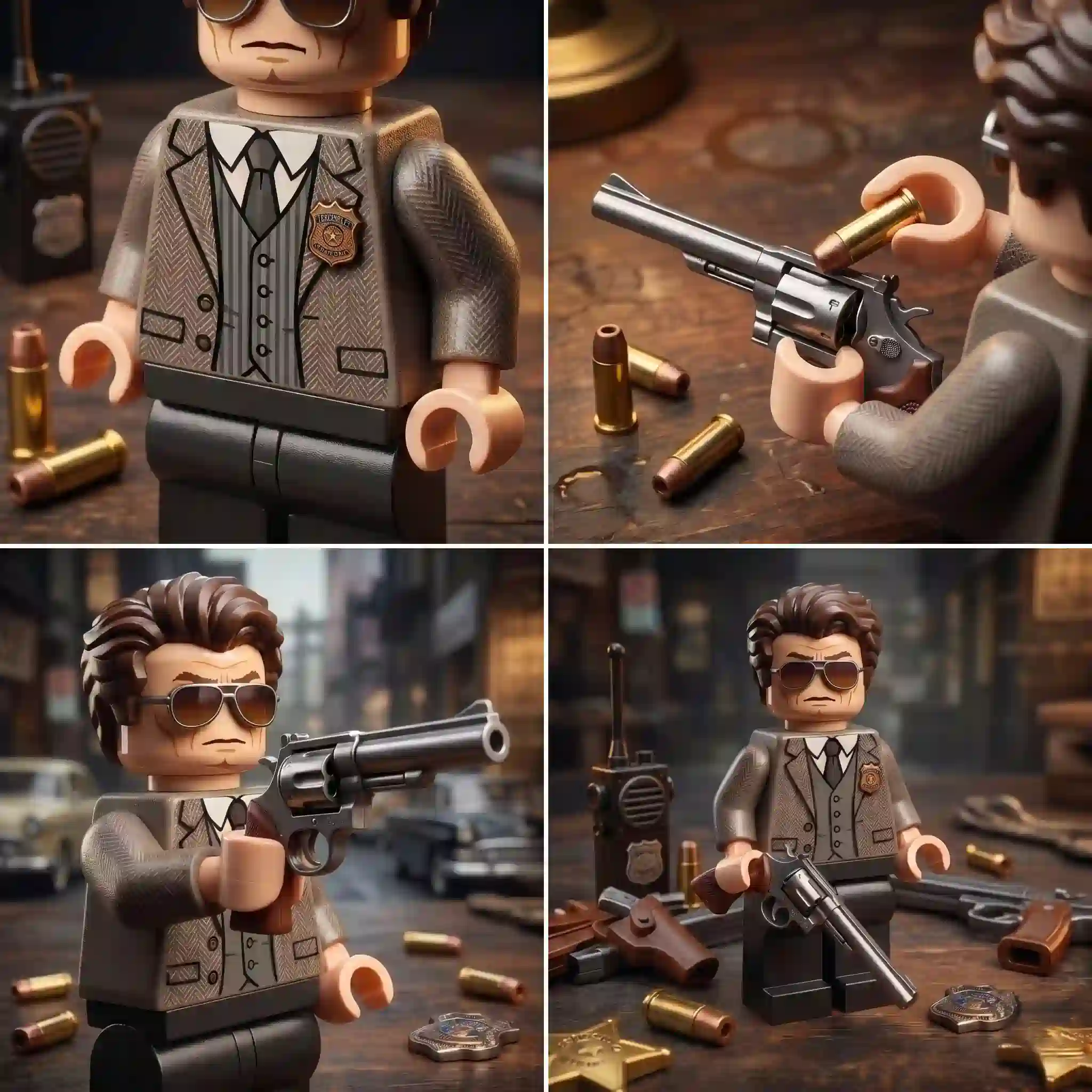Four separate close up views showing a lego style detective mini figure holding a big revolver and loading a bullet cartridge!