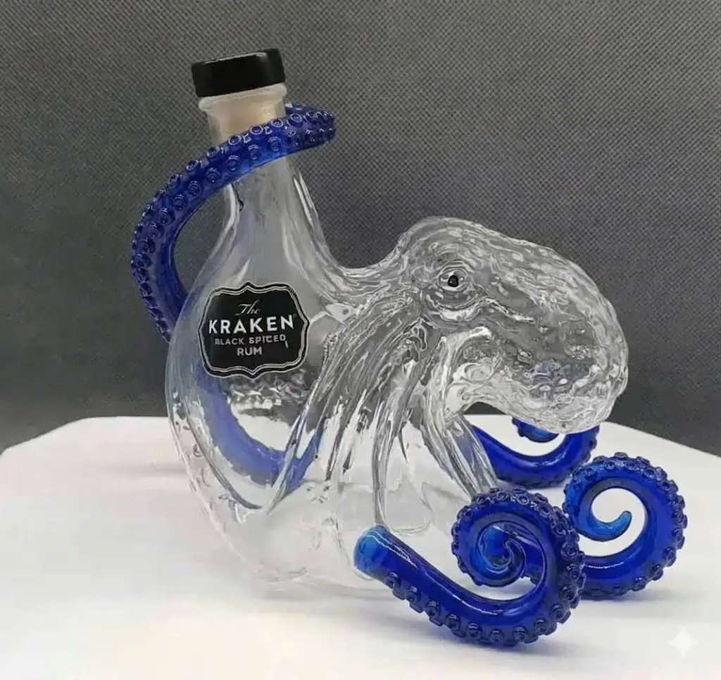 Clear octopus whiskey bottle with blue tentacles by Shicloth!