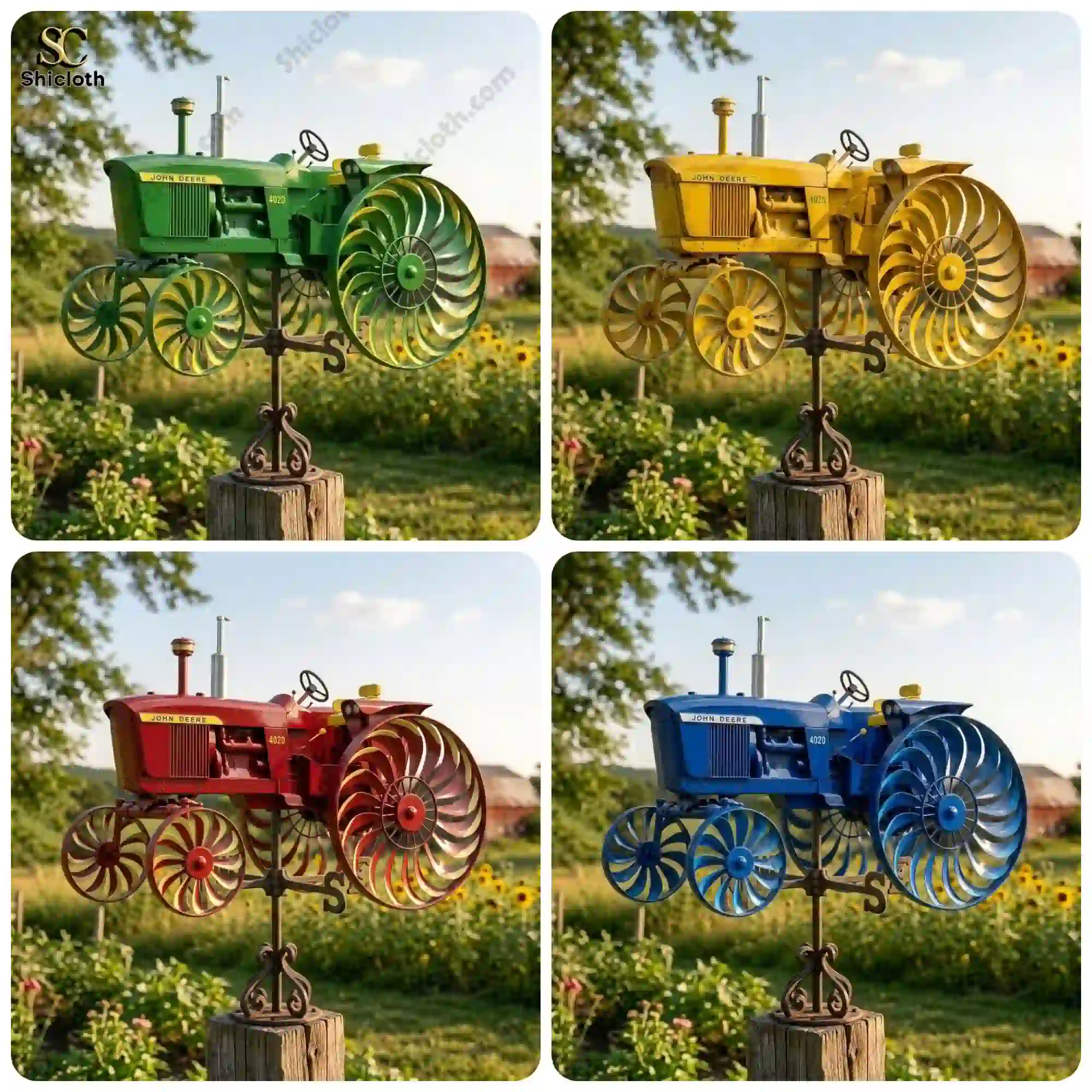 Colorful tractor wind spinner collection displayed outdoors by Shicloth!