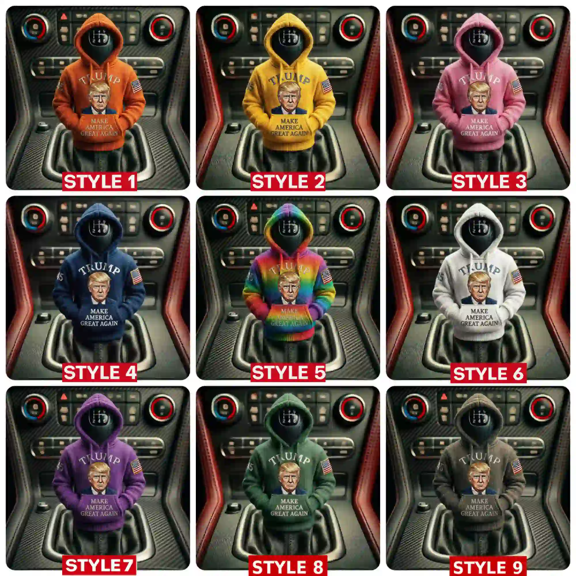 Collection of nine miniature hoodies with Donald Trump graphics on a car gear shift knob.