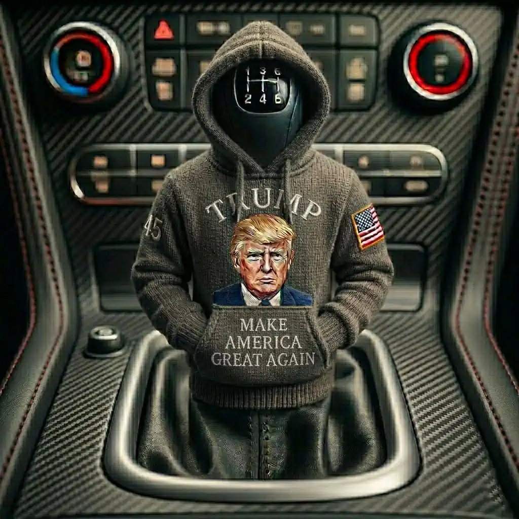Car gear shift lever covered by a miniature hoodie featuring Donald Trump and MAGA imagery.