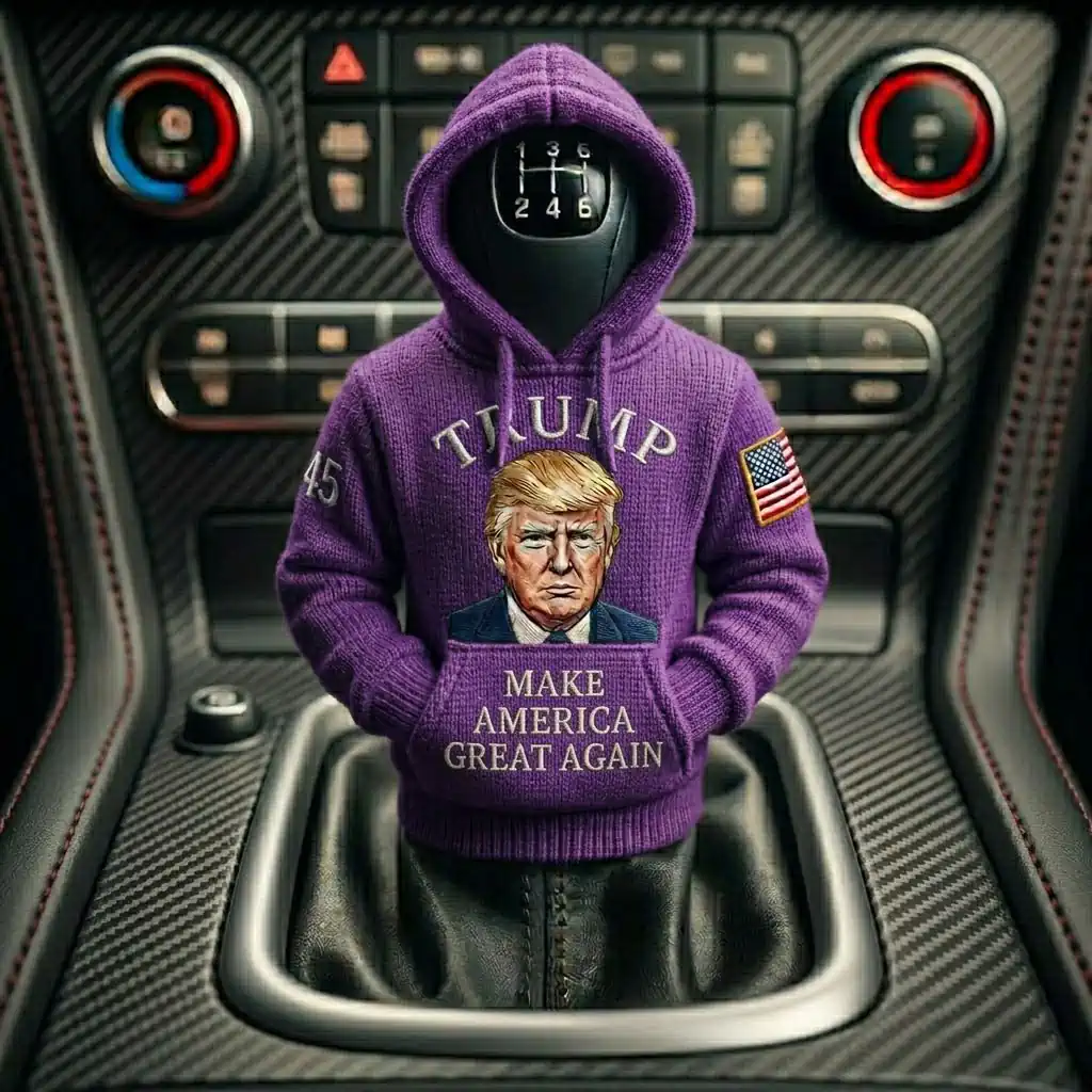 Donald Trump Make America Great Again Car Gear Shifts Hoodies 4 A miniature purple hoodie worn on a car manual gear shifter with Donald Trump imagery.