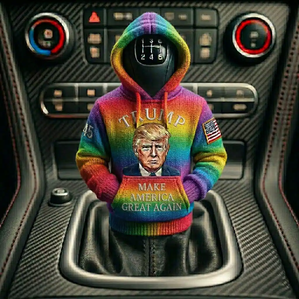 Donald Trump Make America Great Again Car Gear Shifts Hoodies 5 Car gear shifter wearing a rainbow tie-dye hoodie featuring Donald Trump and MAGA slogan.