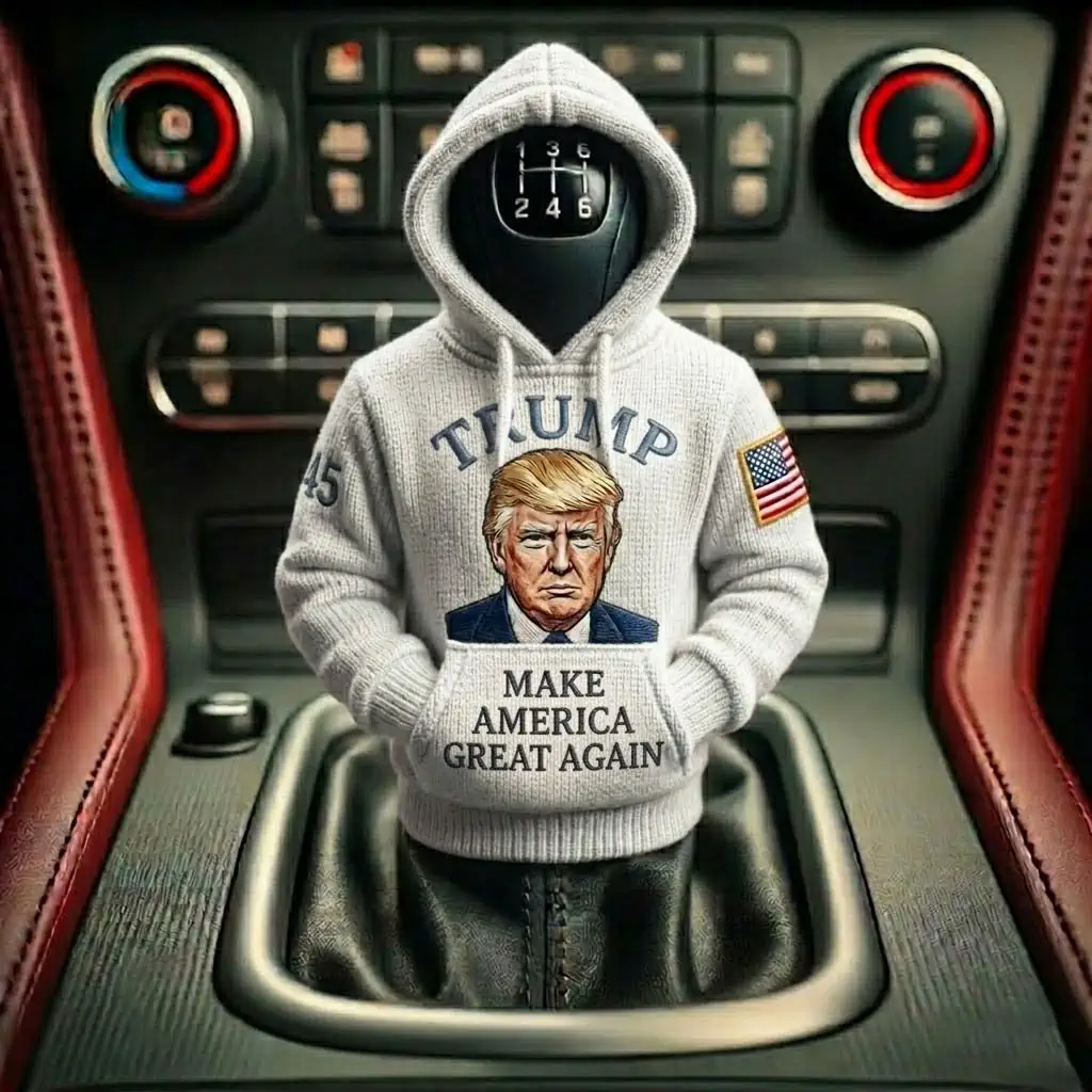 Donald Trump Make America Great Again Car Gear Shifts Hoodies 7 Car gear shifter wearing a gray hoodie with Donald Trump graphic and MAGA slogan