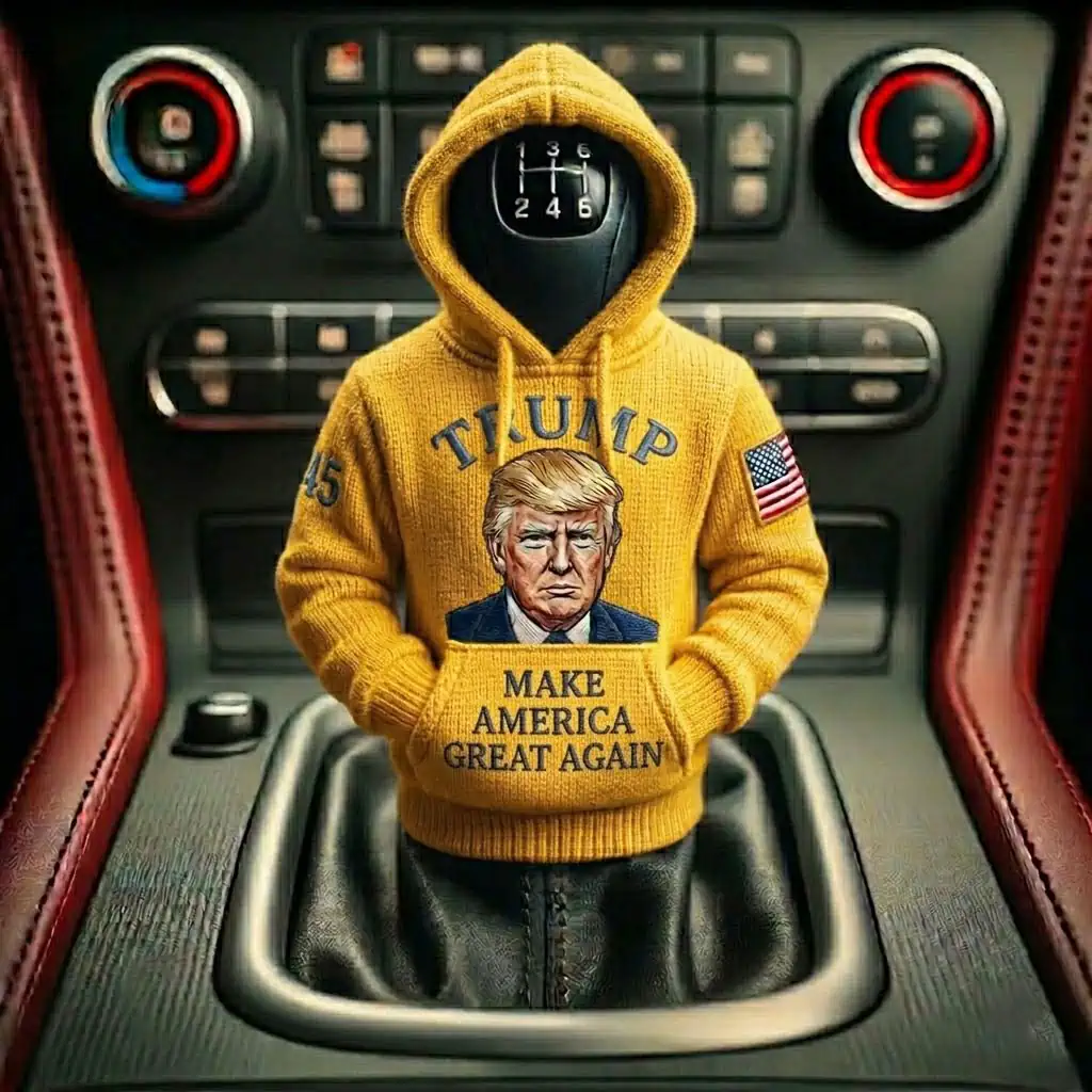 Donald Trump Make America Great Again Car Gear Shifts Hoodies 9 Car gear shifter wearing a miniature yellow Donald Trump hoodie